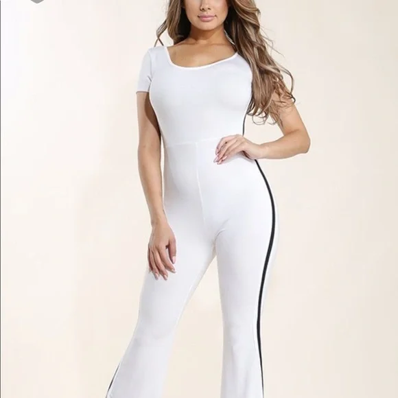 White Black Stripe Catsuit Jumper Romper Stretch - Picture 2 of 5